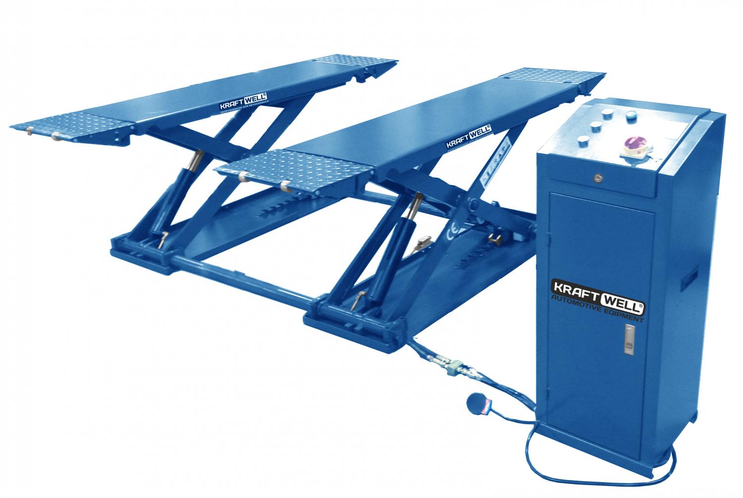 Электрогидравлический подъемник KraftWell KRW3TN_blue Подъёмник ножничный короткий шиномонтажный г/п 3000 кг.